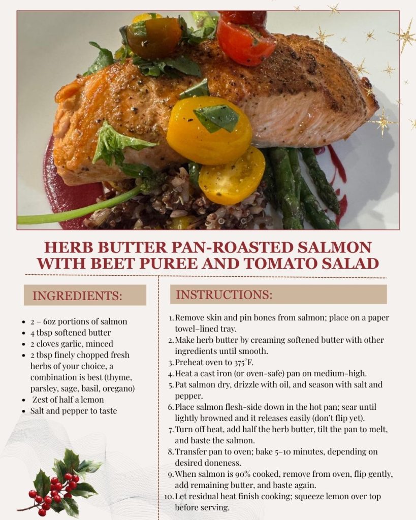 Herb Butter Pan Roasted Salmon With Beet Puree And Tomato Salad