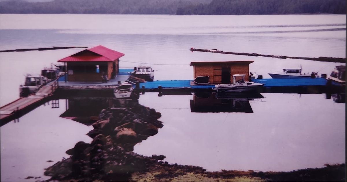 Historic dock at Eagle Pointe Lodge Wales Island BC in the early days of the property